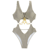 Traje de baño de una pieza con cuello en V, ahuecado, con anillo en O y cadena de metal texturizado